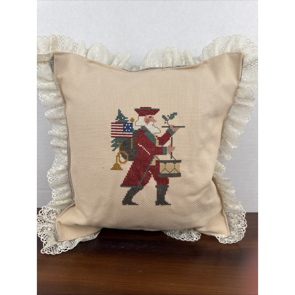Vintage Crosstitch Needlepoint Pillow Lace Trim